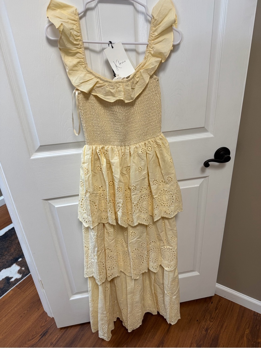 Tiered Eyelet Maxi Dress in Pale Yellow - Picture 3 of 5